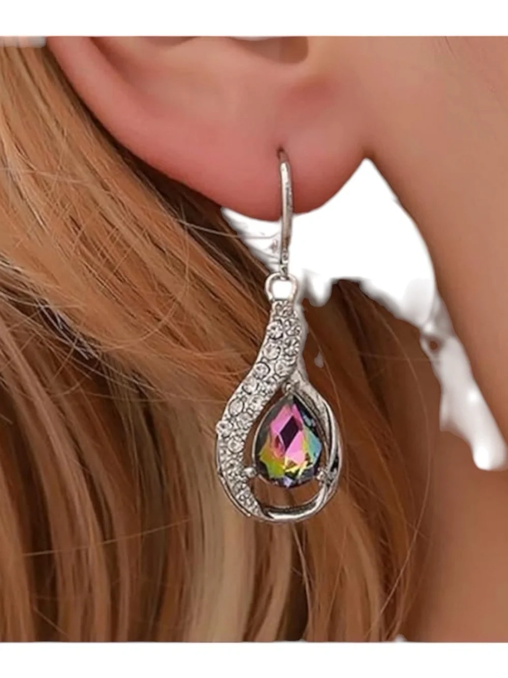 Mystic Rainbow Crystal Teardrop Dangle Earrings Silver Tone